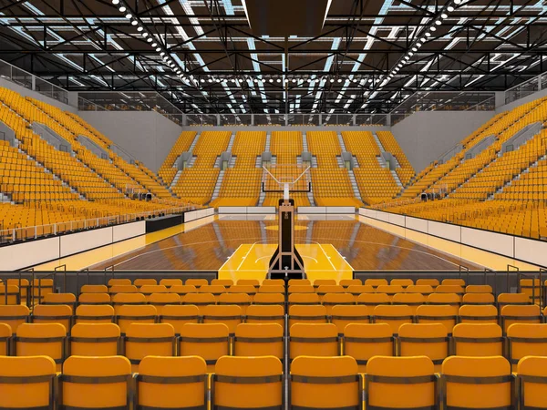 Beautiful modern sport arena for basketball with VIP boxes lights and yellow seats for ten thousand fans