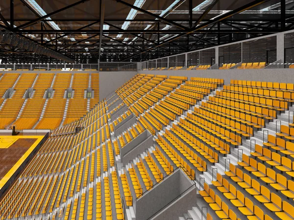 Bonita arena esportiva moderna para basquete com luzes de caixas VIP e assentos amarelos para dez mil fãs — Fotografia de Stock