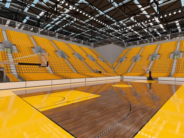 Beautiful modern sport arena for basketball with VIP boxes lights and yellow seats for ten thousand fans
