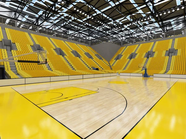 Beautiful modern sport arena for basketball with VIP boxes lights and bright yellow seats for ten thousand fans