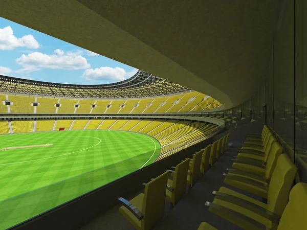 Όμορφη σύγχρονη στρογγυλή γήπεδο κρίκετ με κίτρινο καθίσματα και Vip boxes για πενήντα χιλιάδες οπαδούς — Φωτογραφία Αρχείου