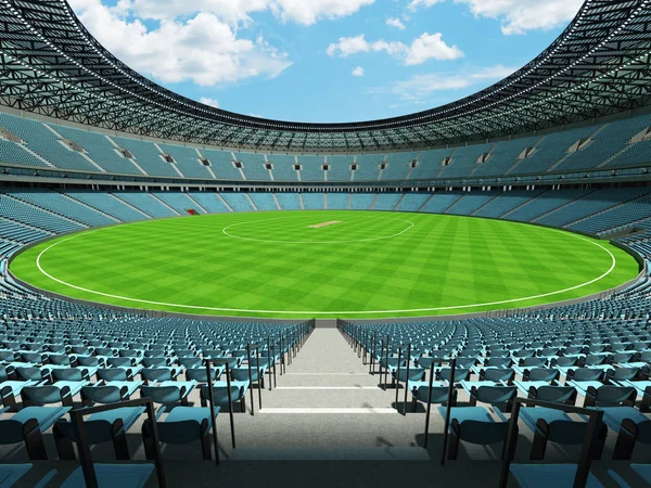 Schönes modernes rundes Cricket-Stadion mit himmelblauen Sitzen und Vip-Logen für fünfzigtausend Fans Stockbild