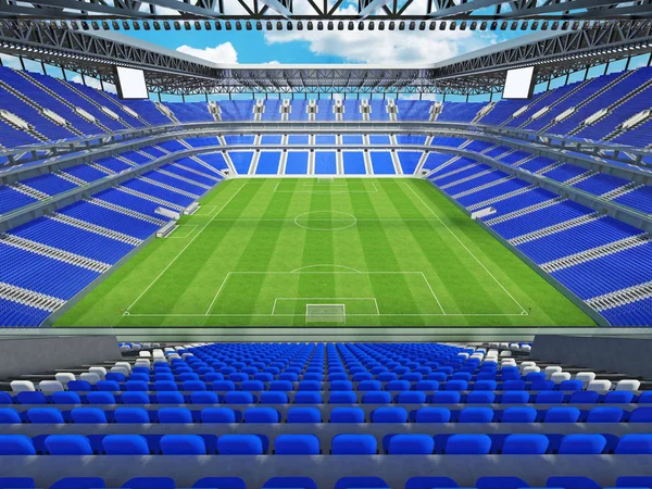 Hermoso fútbol moderno - estadio de fútbol con sillas azules y cajas VIP para cincuenta mil aficionados —  Fotos de Stock