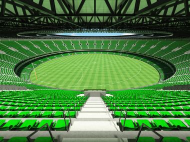 Güzel modern yuvarlak Avustralya Kuralları Futbol Stadyumu ile yeşil sandalye ve VIP kutuları elli bin hayranları için