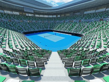 Beautiful modern tennis hard court grand slam lookalike stadium with chairs floodlights and VIP boxes for fifteen thousand fans clipart