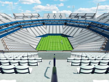 Beautiful modern tennis grass court arena with white chairs floodlights and VIP boxes for fifteen thousand fans clipart