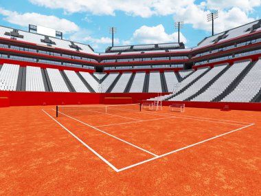 Güzel modern Tenis kil mahkeme Stadyumu beyaz koltuklar ve VIP kutuları on beş bin hayranları için