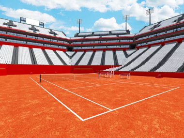 Beautiful modern tennis clay court stadium with white seats and VIP boxes for fifteen thousand fans clipart
