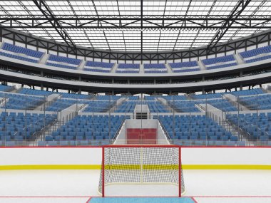Beautiful modern sports arena for ice hockey with blue seats  VIP boxes glass roof and floodlights for fifty thousand fans clipart