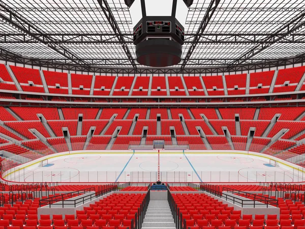 Beautiful modern sports arena for ice hockey with red seats  VIP boxes glass roof and floodlights for fifty thousand fans