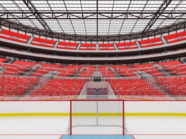 Beautiful modern sports arena for ice hockey with red seats  VIP boxes glass roof and floodlights for fifty thousand fans
