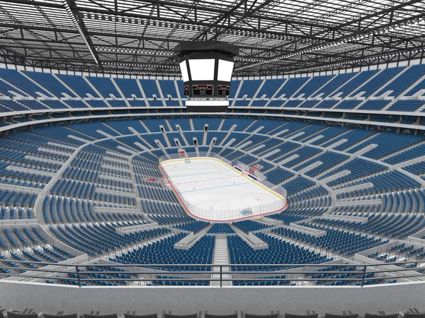Beautiful modern sports arena for ice hockey with blue seats  VIP boxes glass roof and floodlights for fifty thousand fans