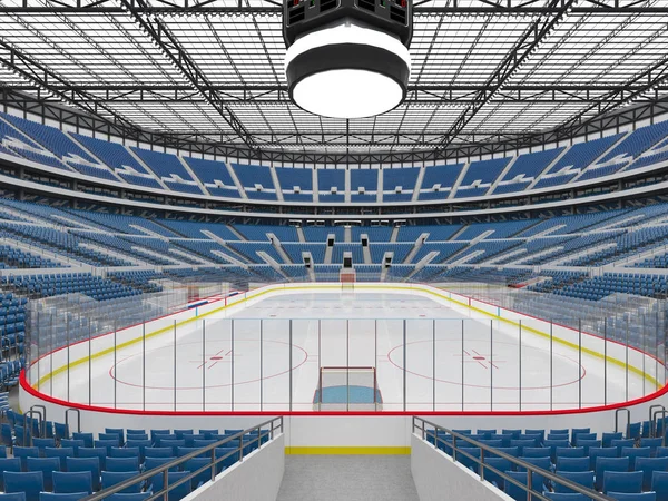 Schöne moderne Eishockeyarena mit blauen Sitzen, Glasdach und Flutlichtern für fünfzigtausend Fans Stockbild