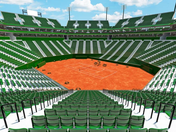 Renderização 3D de belo estádio de quadra de tênis moderno com cadeiras verdes — Fotografia de Stock