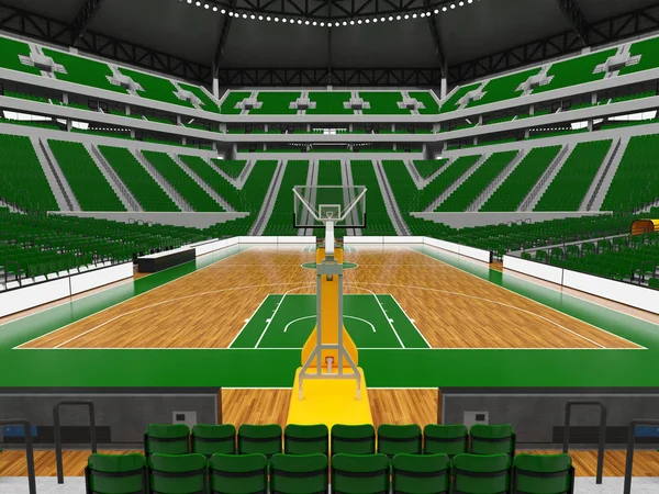 Beautiful modern sport arena for basketball with green seats and vip boxes for twenty thousand fans