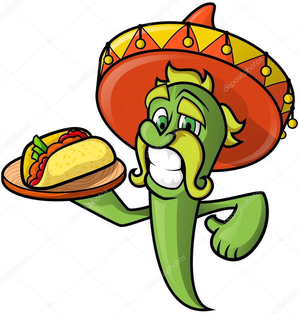 Mexican Cheerful chilli peppers in a sombrero keeps a tray with tacos.