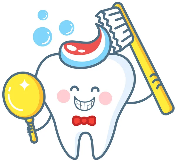 Cartoon Tooth With Toothpaste And Mirror — Stock Vector