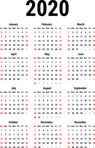 Calendario para 2020 — Vector de stock