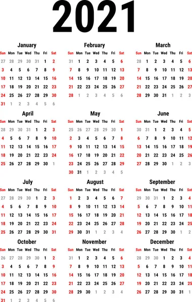 Calendario 2021 — Vettoriale Stock