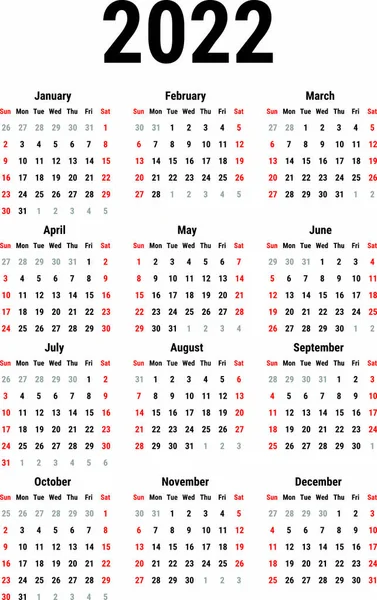 Kalendarz roku 2022 Wektory Stockowe bez tantiem