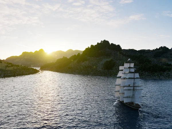 Nave che naviga in mare mosso da vicino sullo sfondo del tramonto — Foto Stock