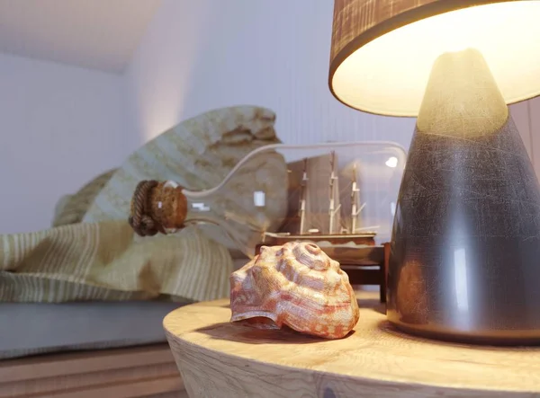 Seashell in interior scene with lamp and ship in the bottle concept photo — Stock Photo, Image
