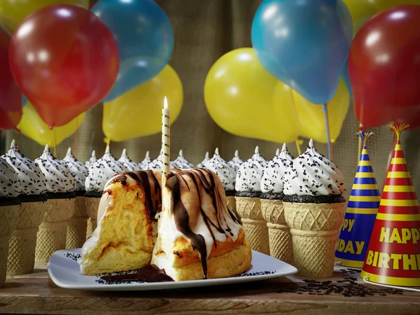Nombreux cônes de crème glacée et gâteau d'anniversaire sur la table vintage en bois photo conceptuelle — Photo
