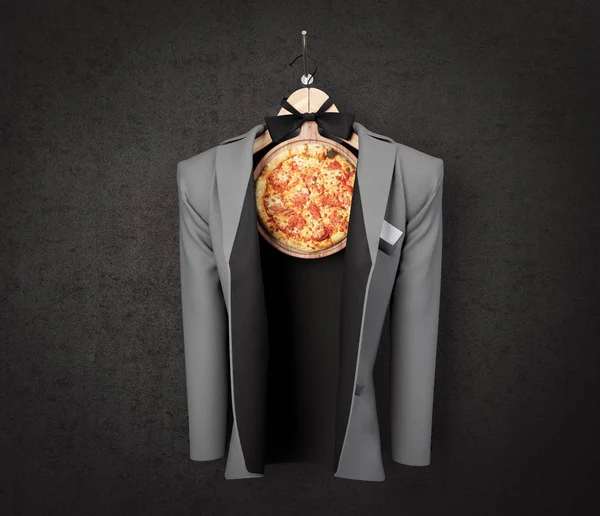 Rebanada de pizza con chaqueta de negocios en la foto concepto de la pared —  Fotos de Stock