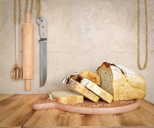 Fresh bread with oat sliced on a slate cutting board photo background copy space — Stock Photo, Image