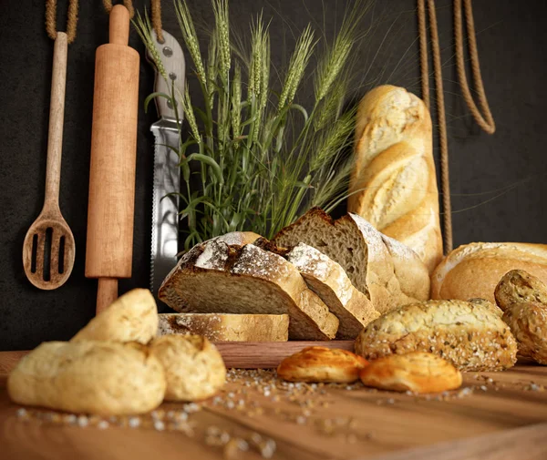Fresh bread with wheat on a slate cutting board and  photo background copy space — Stock Photo, Image