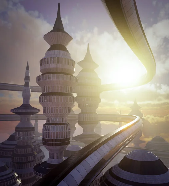 A légi felvétel a sci-fi City, a felhők és a nap — Stock Fotó