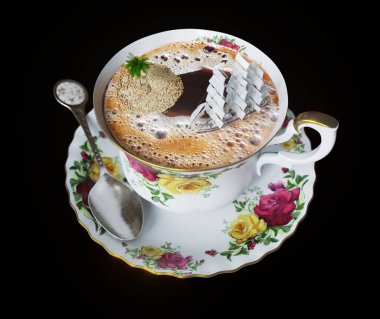 Natürmort kahve Kupası ve oyuncak tekne kavramı gevşeme tatil yakın fotoğraf yukarıya ile izole