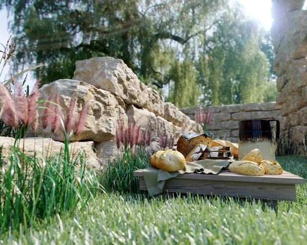 Picnic stilllife on nature background with ancient ruins,bread and pitcher conceptual photo — Stock Photo, Image