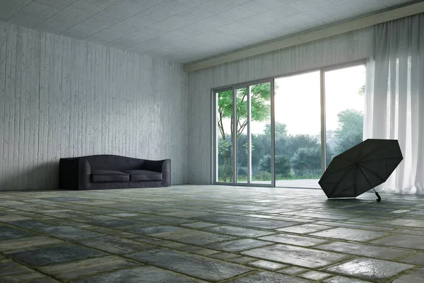 Lege zaal met sofa en tuin natuur concept fotoachtergrond weergave — Stockfoto