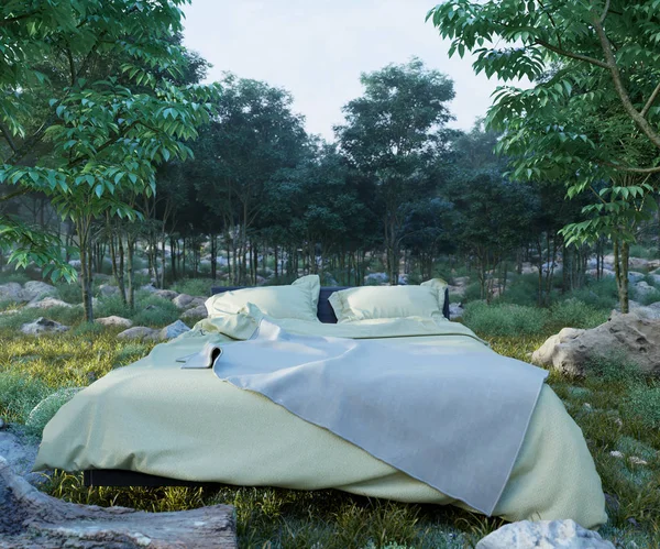 Vacances concept fond avec lit et soirée forêt photo — Photo