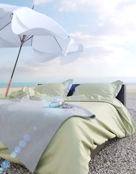 Beach lounge - bed with umbrella and seashell vacation and summer concept photo — Stock Photo, Image