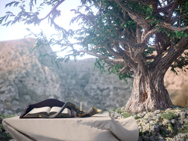 Eski kitap ve zeytin ağacı peyzaj konsept fotoğraf ile Yahudi tatil arka plan — Stok fotoğraf
