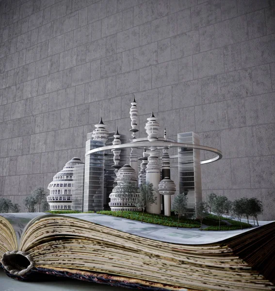 Town growing from old book concept construction composition photo — Stock Photo, Image