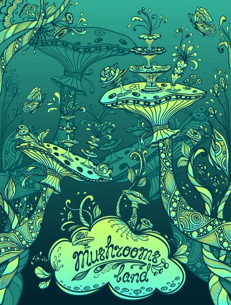 Země fantazie obrázek houby, Zen doodle styl modré mořské a zelené — Stockový vektor