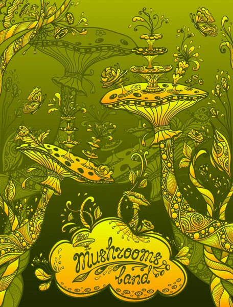 Fantasia illustrazione funghi terra in stile zen scarabocchio verde arancione giallo — Vettoriale Stock