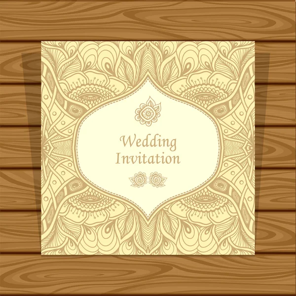 Wedding invitation with Zen tangle or Zen doodle flowers in beige — Stock Vector