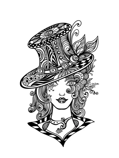 在禅宗涂鸦或禅缠结装饰 l 风格的黑白色帽子的女孩 — 图库矢量图片