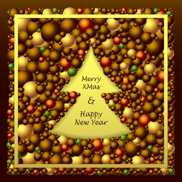 Рамка в форме рождественской елки из шариков в коричневом золоте красный — стоковый вектор