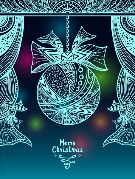 Kerst bal met pijl en boog gordijnen in Zen-wirwar stijl in blauw — Stockvector