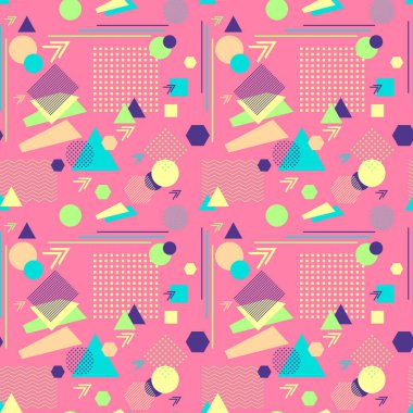 Postmodern Memphis tarzı pembe üzerinde soyut seamless modeli