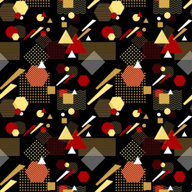 Postmodern Memphis tarzı siyah altın kırmızı soyut seamless modeli