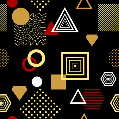 Postmodern Memphis tarzı siyah altın kırmızı soyut seamless modeli