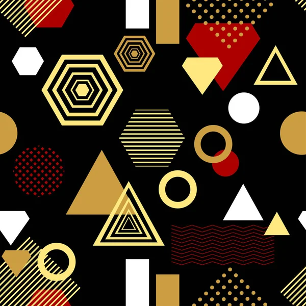 Patrón sin costura abstracto en el estilo posmoderno Memphis negro oro rojo — Vector de stock