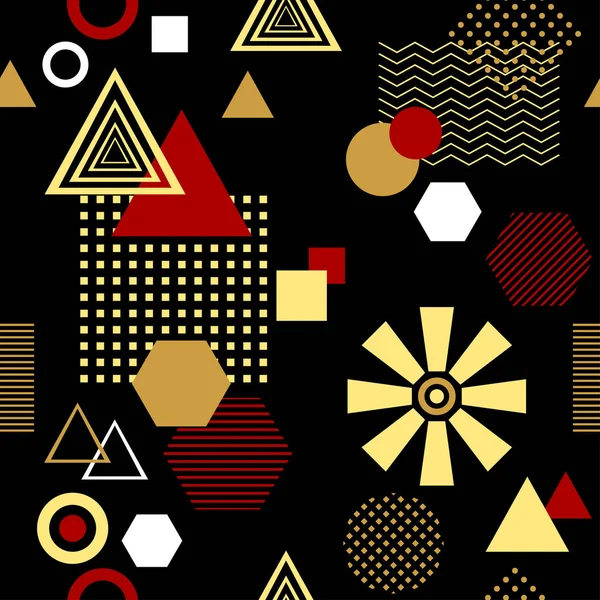 Patrón sin costura abstracto en el estilo posmoderno Memphis negro oro rojo — Vector de stock