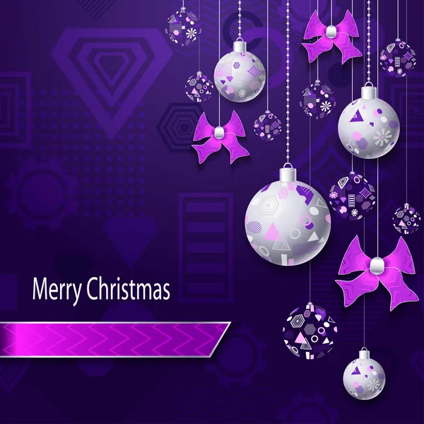 Feliz Navidad fondo con bolas de Navidad y arcos en plata rosa lila — Vector de stock